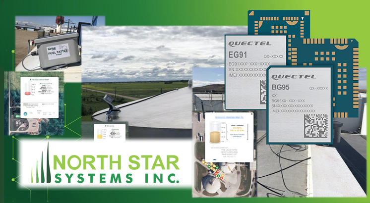 Montage of use cases for North Star Systems' Tattle Systems hardware including agricultuarla fuel and machinery plus the North Star Systems Inc. logo and Quectel EG91 and BG95 modules